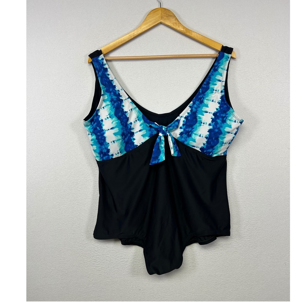 Boho Bleu ice Womens 26 Black Blue Tie Dye V-Neck Front Tie‎ One Piece Swimsuit